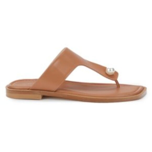 Stuart Weitzman Goldie Pearl Tan Leather Thong Sandals 8 - Picture 1 of 6